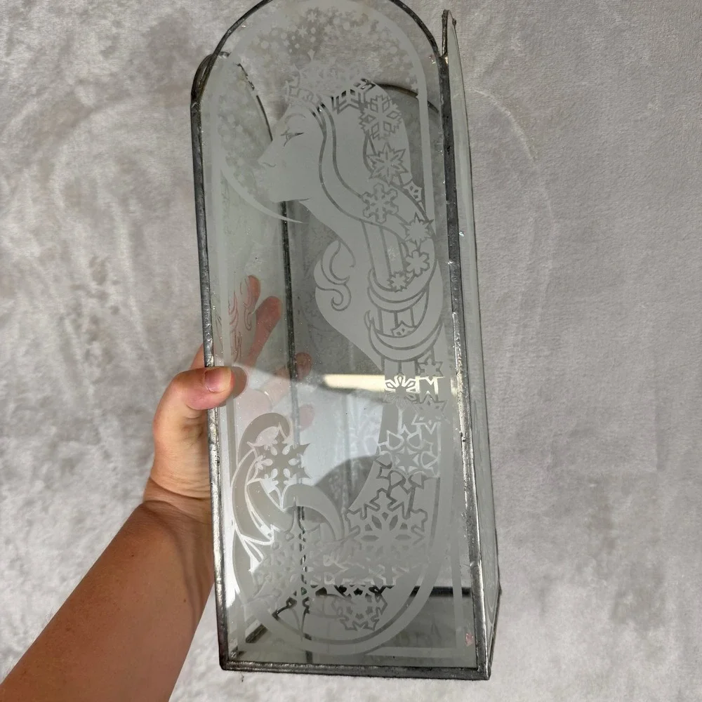 Art Nouveau Etched Stained Glass Winter Snow Queen Lantern Candle Holder 13.5in